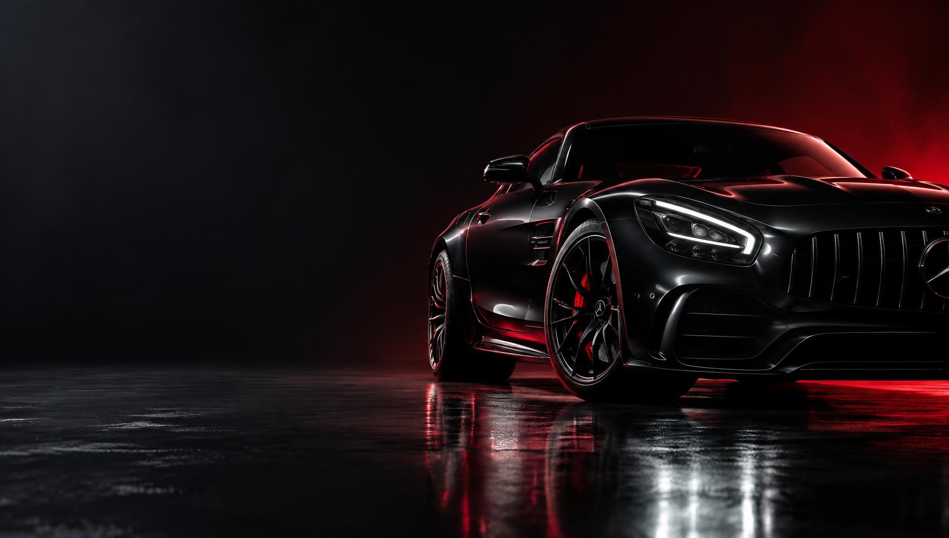Black sports car under red studio light